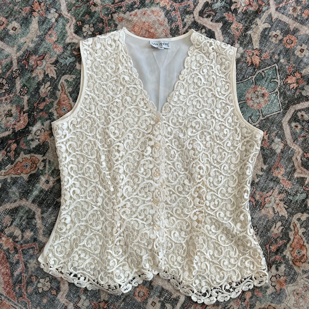 Vintage Cream Lace Vest Sheer Lingerie Coquette Sexy Sleeveless Blouse